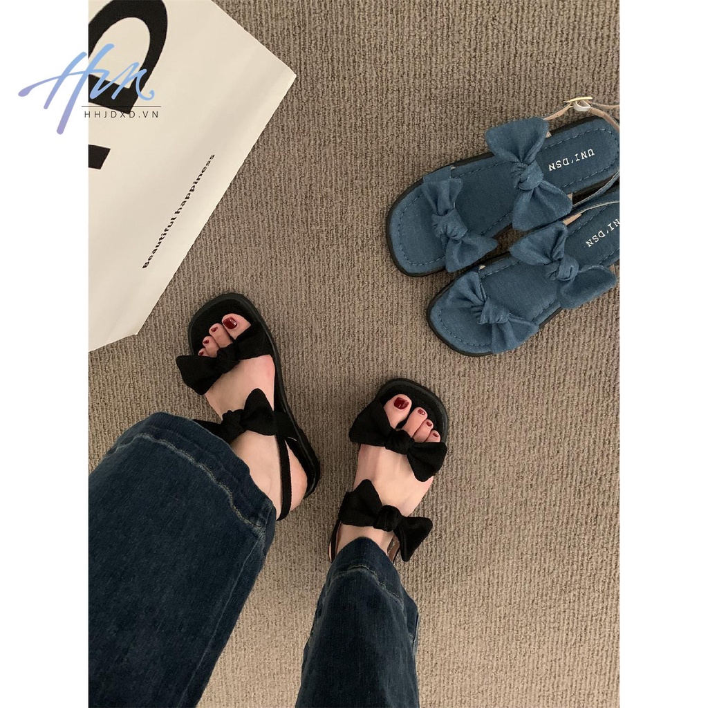 Giày Sandal Đế Bằng Hở Ngón Đính Nơ Thời Trang Mùa Hè Hàn Quốc 2023