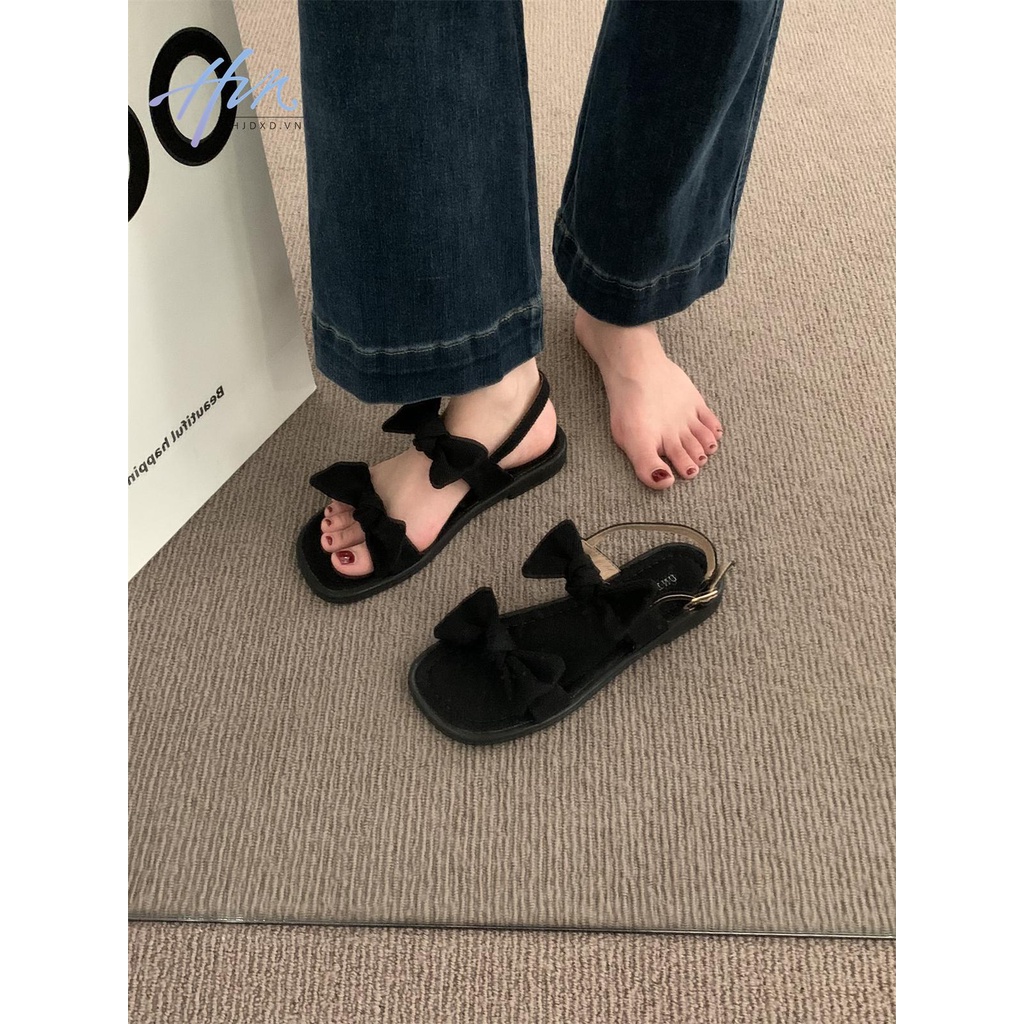 Giày Sandal Đế Bằng Hở Ngón Đính Nơ Thời Trang Mùa Hè Hàn Quốc 2023