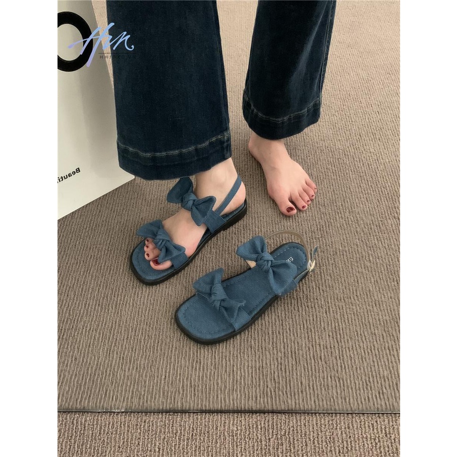 Giày Sandal Đế Bằng Hở Ngón Đính Nơ Thời Trang Mùa Hè Hàn Quốc 2023