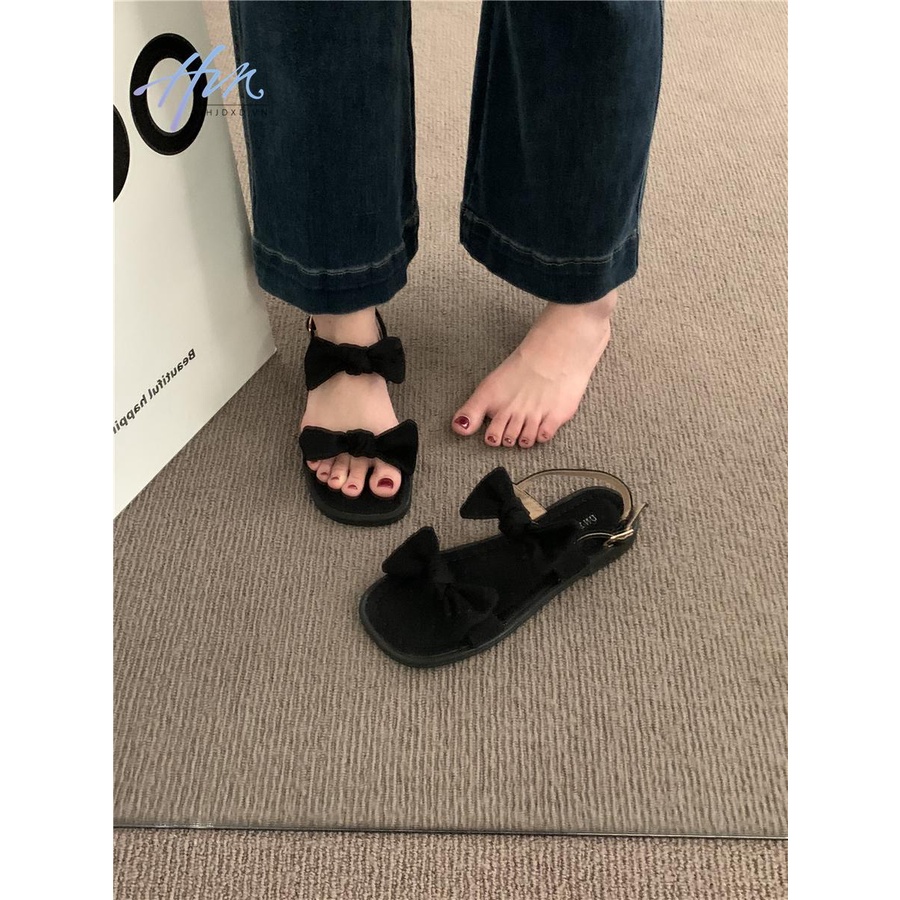 Giày Sandal Đế Bằng Hở Ngón Đính Nơ Thời Trang Mùa Hè Hàn Quốc 2023