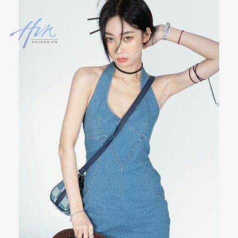 Đầm Denim Hai Dây Màu Trơn Lưng Cao Thời Trang Mùa Hè Cho Nữ