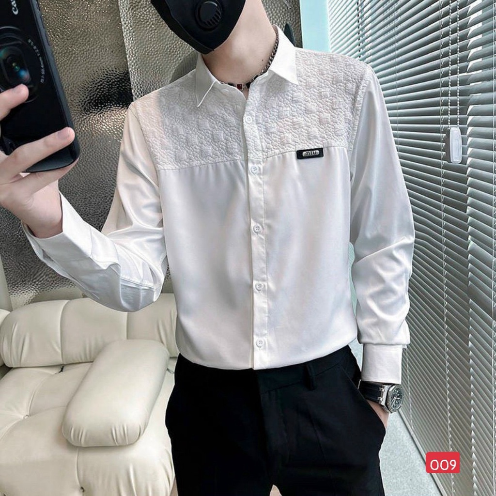 Áo Sơ Mi Nam Tay Dài Màu Trắng Đen Dập Nổi Vai Phong Cách