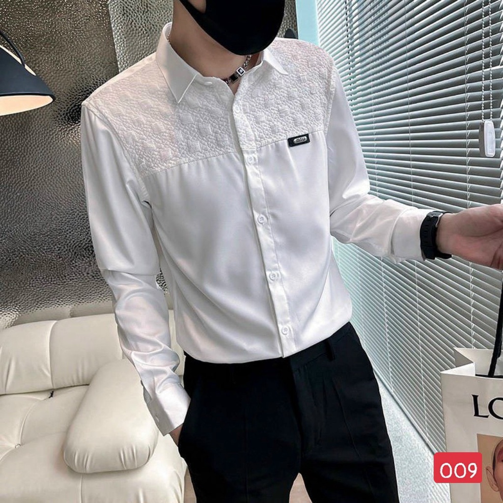 Áo Sơ Mi Nam Tay Dài Màu Trắng Đen Dập Nổi Vai Phong Cách