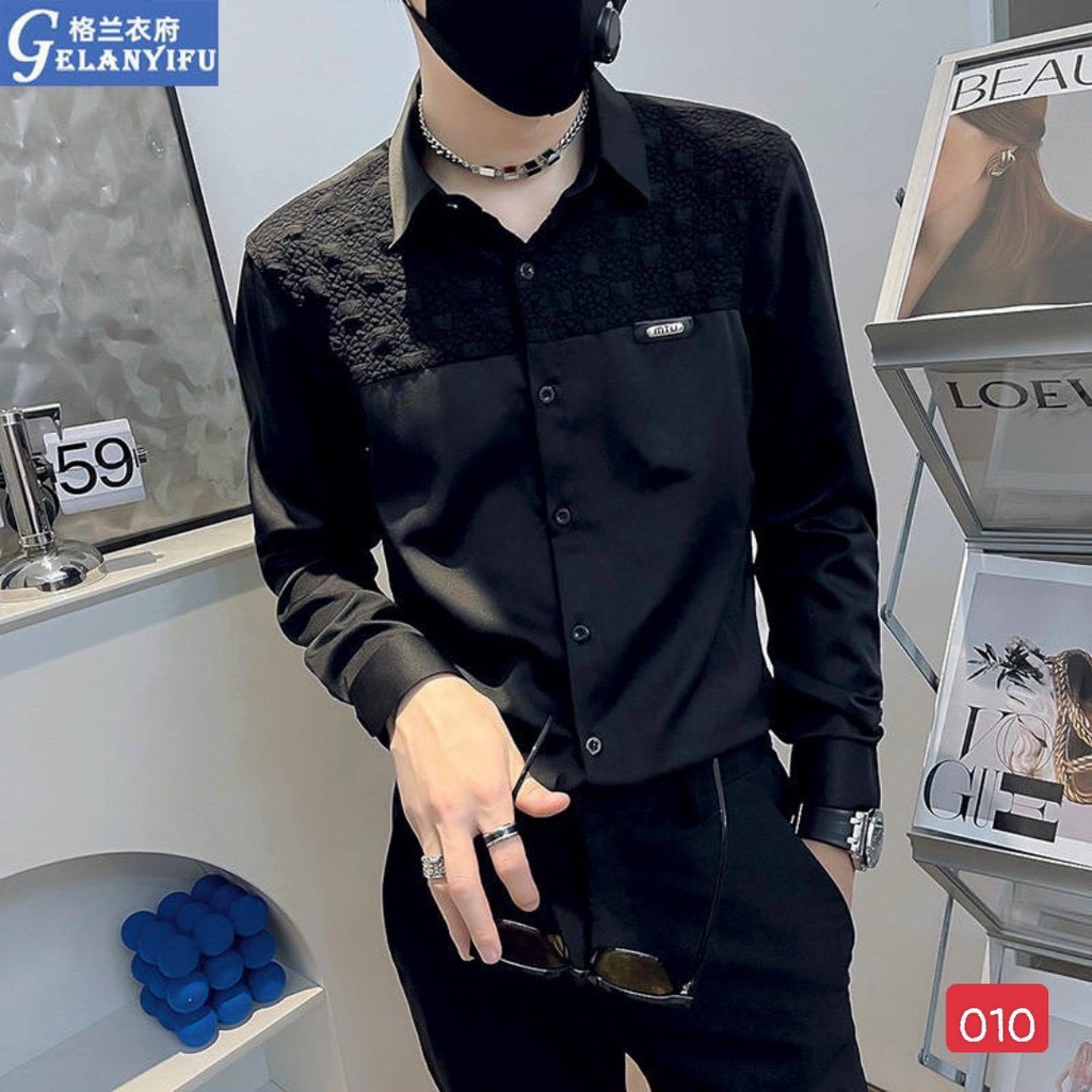 Áo Sơ Mi Nam Tay Dài Màu Trắng Đen Dập Nổi Vai Phong Cách