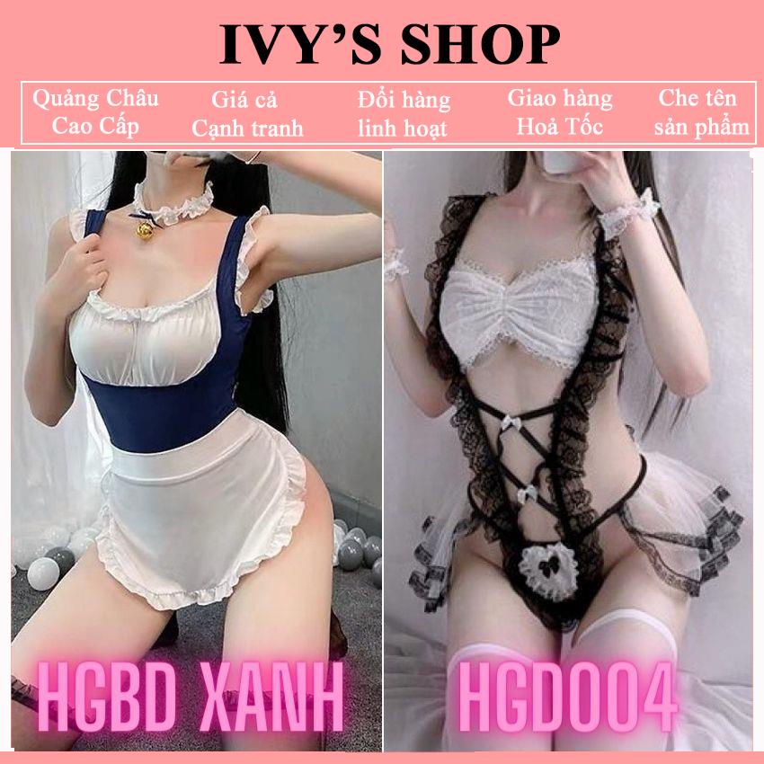 Cosplay Hầu Gái Sexy _ HGBD Xanh Có Đệm Và HGD004 Ren không đệm ngực - Ivyshop