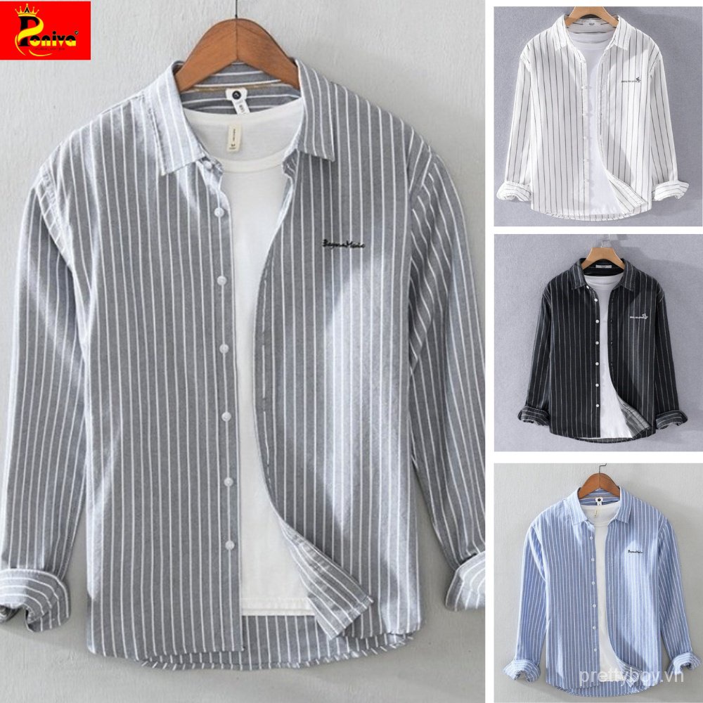 Áo Sơ Mi Nam Tay Dài Kẻ Sọc Phối Chữ Mã K01 Thời Trang Cao Cấp PONIVA Phong Cách Trẻ Trung, Nam Tính Hàng Chất Lượng XNK