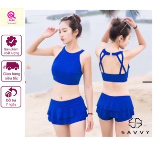 (Xanh coban) Đồ bơi, bikini 2 mảnh áo tắm cổ yếm, quần giả váy 3 màu xanh đen đỏ Savvy cao cấp nổi bật