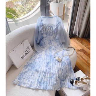 Set đầm 2s midi hoa dập ly + khoác crop vani