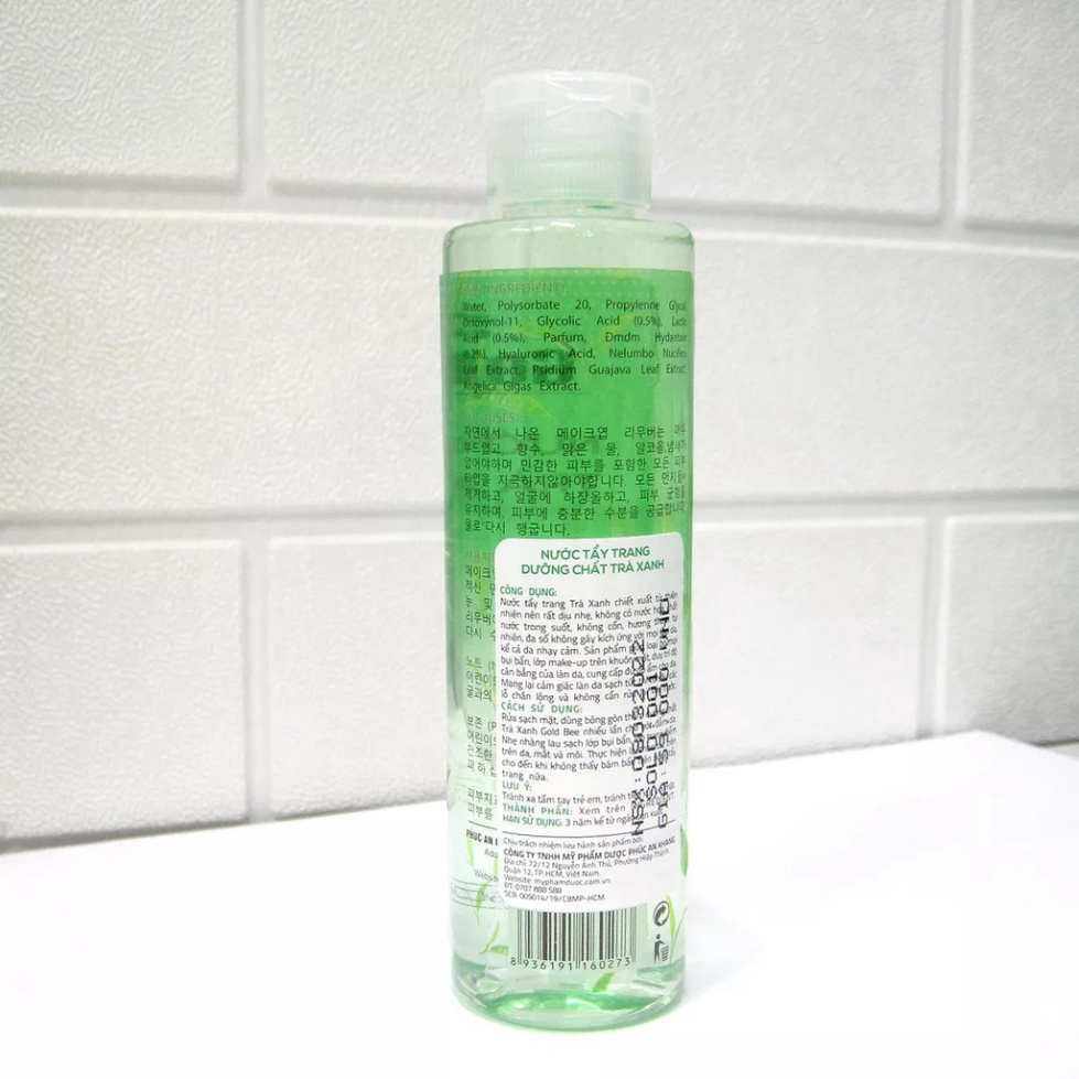 Nước tẩy trang không cồn tinh chất trà xanh Gold Bee 160ml làm sạch mỹ phẩm, bụi bẩn, bã nhờ trên da mặt