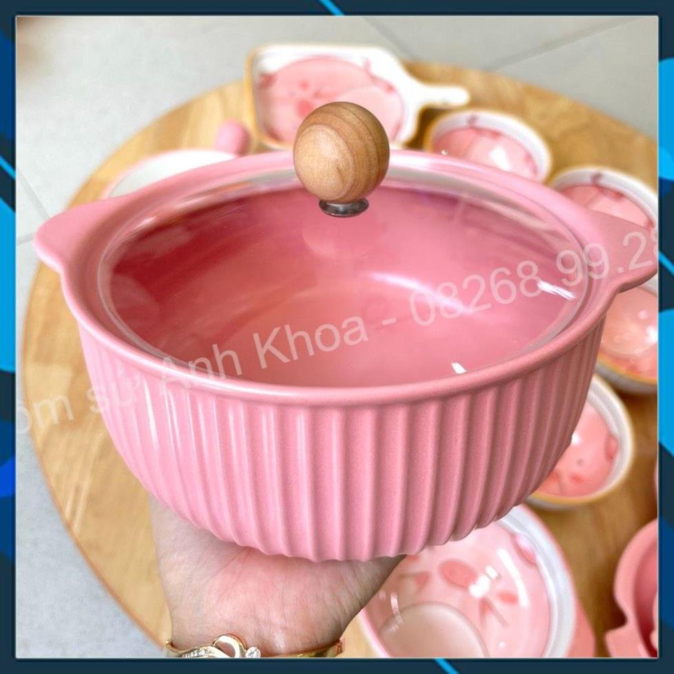 Set Chén dĩa sứ Bát ăn cơm Đĩa sứ Dễ thương Decor sét heo hồng 15 món xinh yêu cho gia đình trẻ.