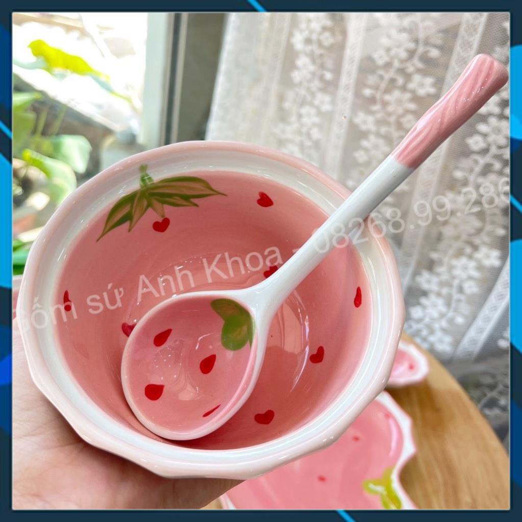 Set Chén dĩa sứ Bát ăn cơm Đĩa sứ Dễ thương Decor Bộ dâu hồng trang trí món ăn cực đẹp.