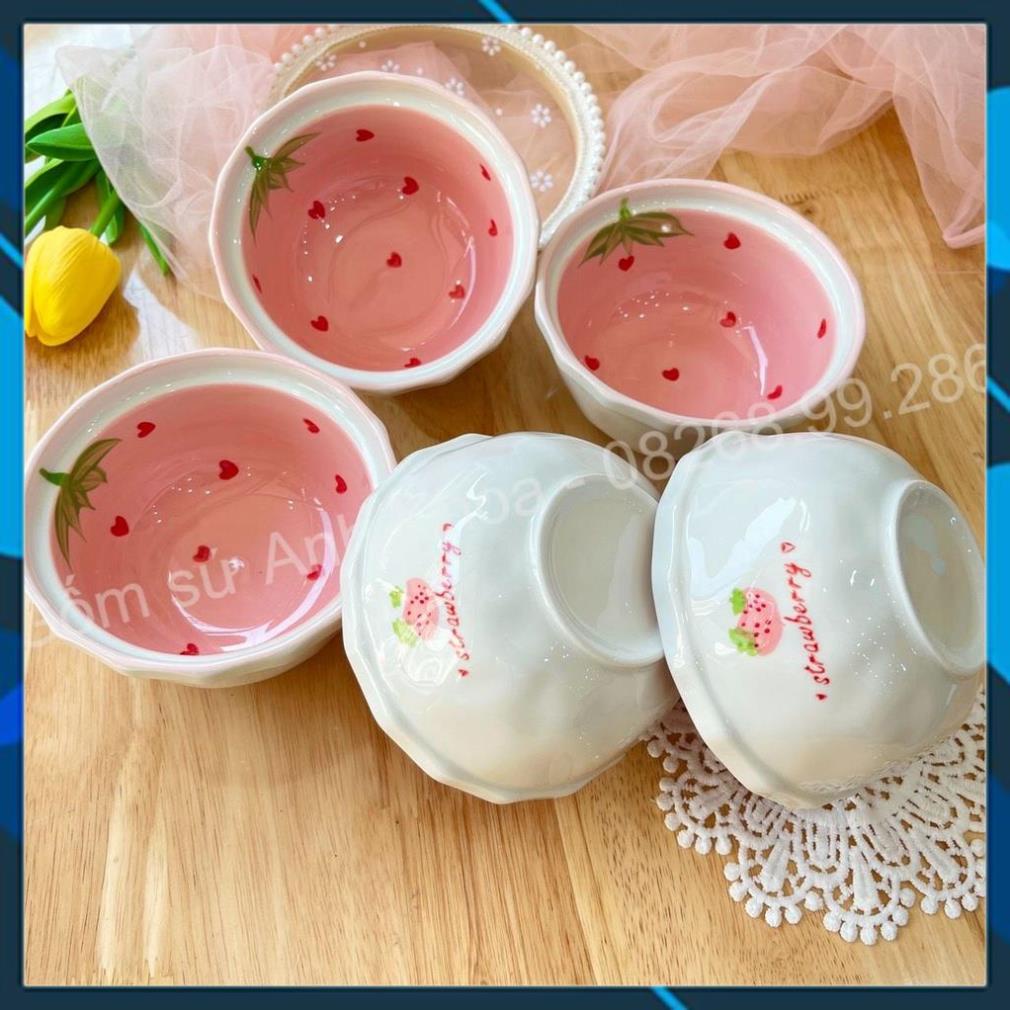 Set Chén dĩa sứ Bát ăn cơm Đĩa sứ Dễ thương Decor Bộ dâu hồng trang trí món ăn cực đẹp.