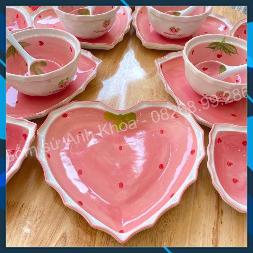 Set Chén dĩa sứ Bát ăn cơm Đĩa sứ Dễ thương Decor Bộ dâu hồng trang trí món ăn cực đẹp.