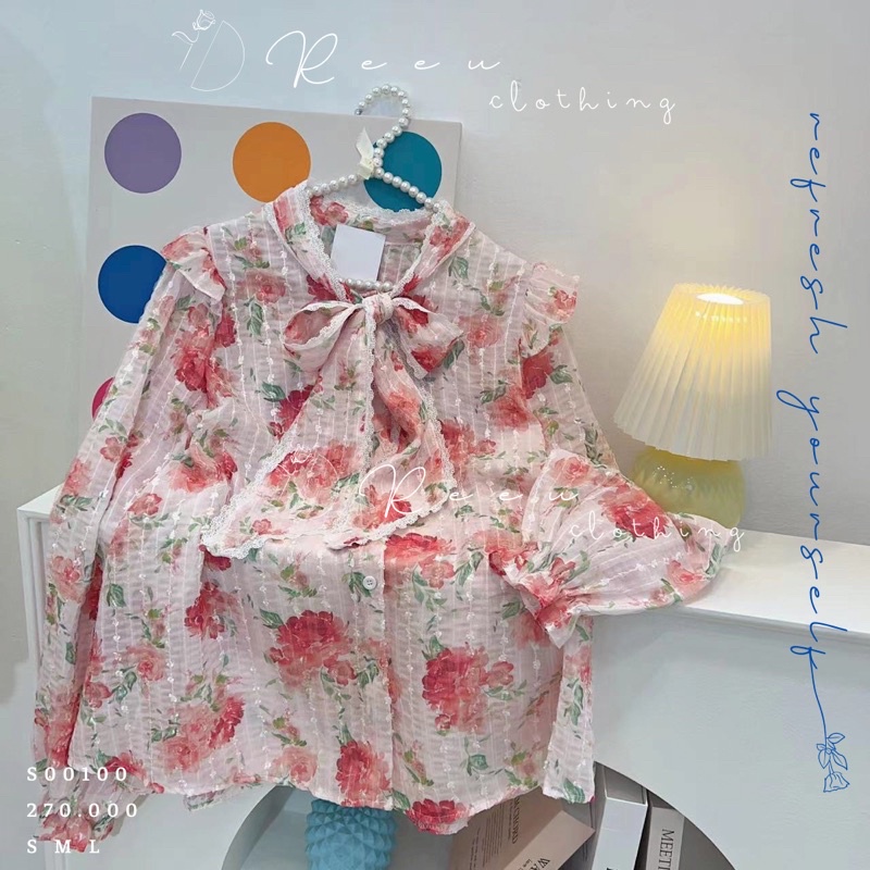 (pre-order) áo sơ mi hoa bông voan phối ren cột nơ