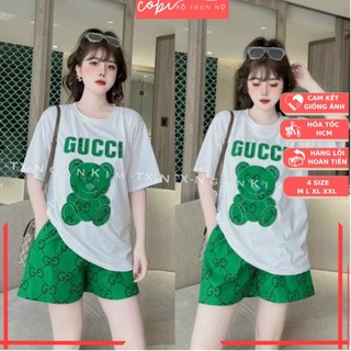 Set bộ nữ đi chơi hè COBI Bộ quần áo thun đùi ngắn nữ mặc nhà co giãn áo form rộng xanh có size lớn BN16