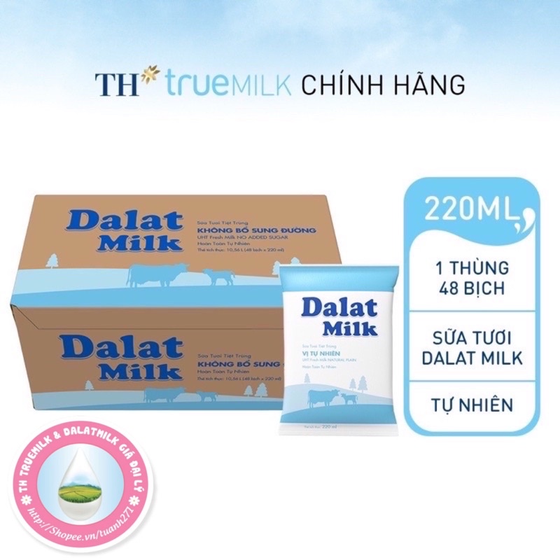 Sữa tươi tiệt trùng Dalat Milk 220ml (48 bịch)
