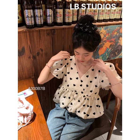 Áo Tim Babydoll Tay Phồng Cổ Đắp Chéo ,Áo Sơ Mi Nữ Cổ V Ngắn Xoè Hoạ Tiết Dễ Thương Thiết Kế 3 Màu