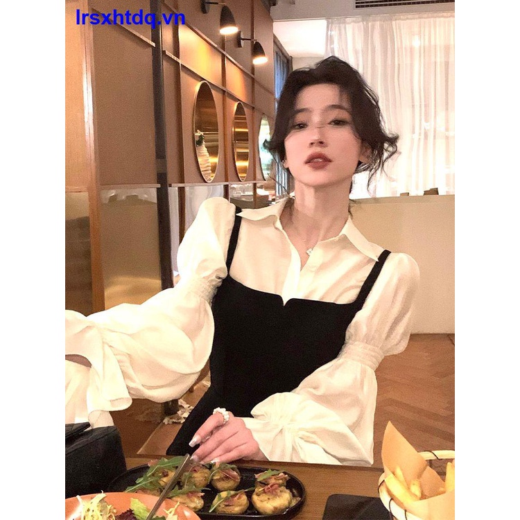 Set Áo Sơ Mi + Đầm Đen Phong Cách Hepburn Cao Cấp Cho Nữ
