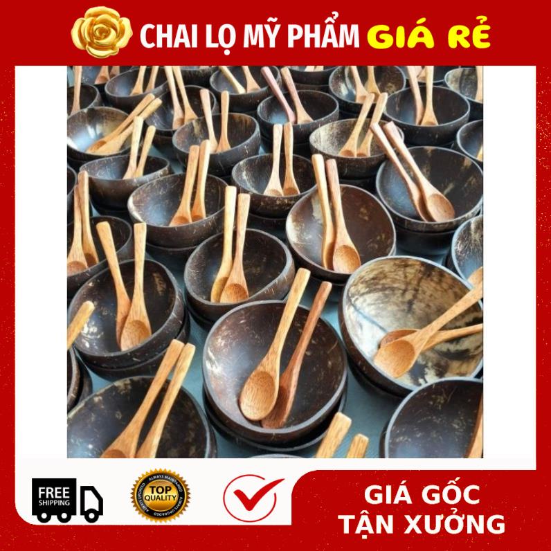 Combo Bát Gáo Dừa Cỡ 13-15cm + Muỗng Gỗ Dừa Siêu Rẻ Đẹp Dùng Đựng Bột Thiên Nhiên, Ngũ Cốc