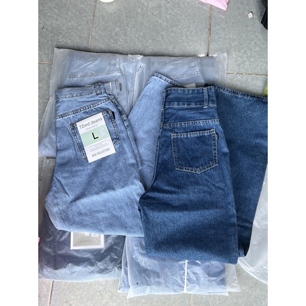 QUẦN JEANS DÀI ỐNG RỘNG TRƠN COTTON KHÔNG GIÃN LƯNG CAO- hình thật 100%