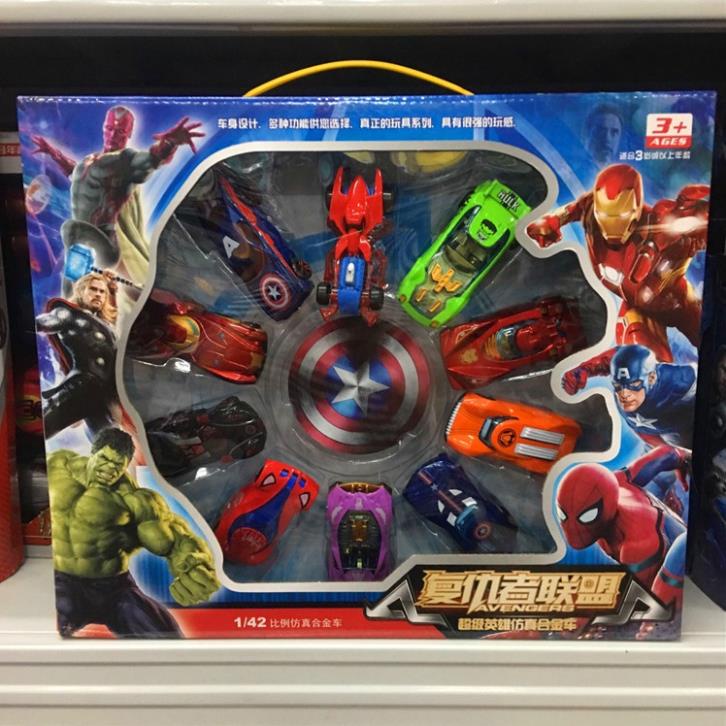 Đồ chơi mô hình ô tô AVENGERS cao cấp, Bộ 10 xe siêu nhân anh hùng bằng sắt cho bé vui chơi