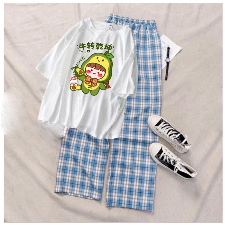 Sét bộ bé gái áo thun bé bơ kèm quần kẻ siêu xinh size từ 9 đến 57kg