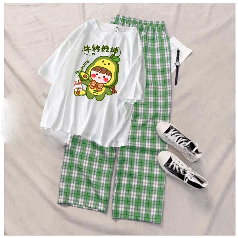 Sét bộ bé gái áo thun bé bơ kèm quần kẻ siêu xinh size từ 9 đến 57kg