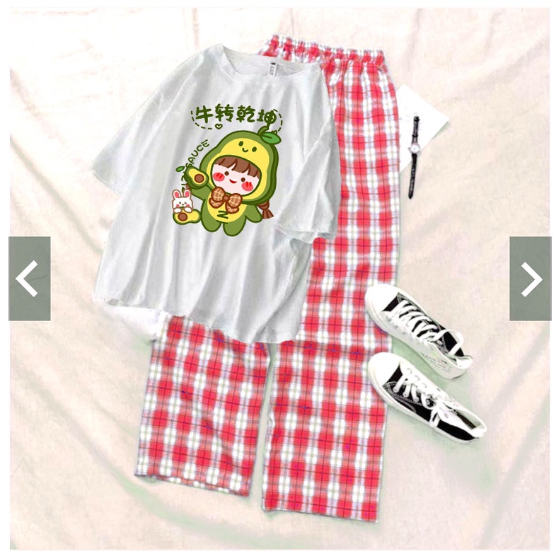 Sét bộ bé gái áo thun bé bơ kèm quần kẻ siêu xinh size từ 9 đến 57kg