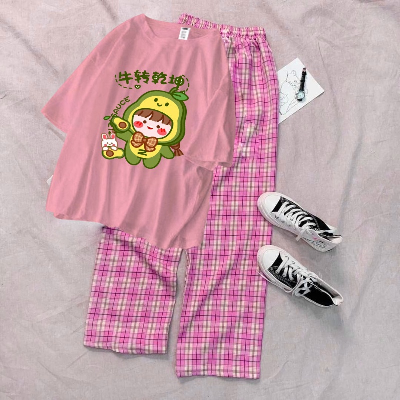 Sét bộ bé gái áo thun bé bơ kèm quần kẻ siêu xinh size từ 9 đến 57kg