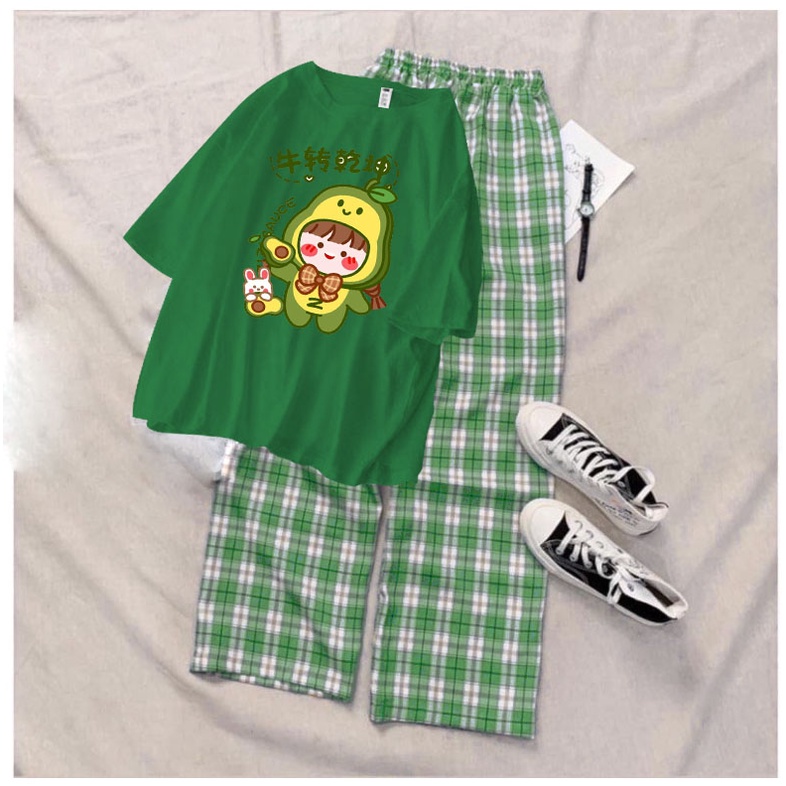 Sét bộ bé gái áo thun bé bơ kèm quần kẻ siêu xinh size từ 9 đến 57kg