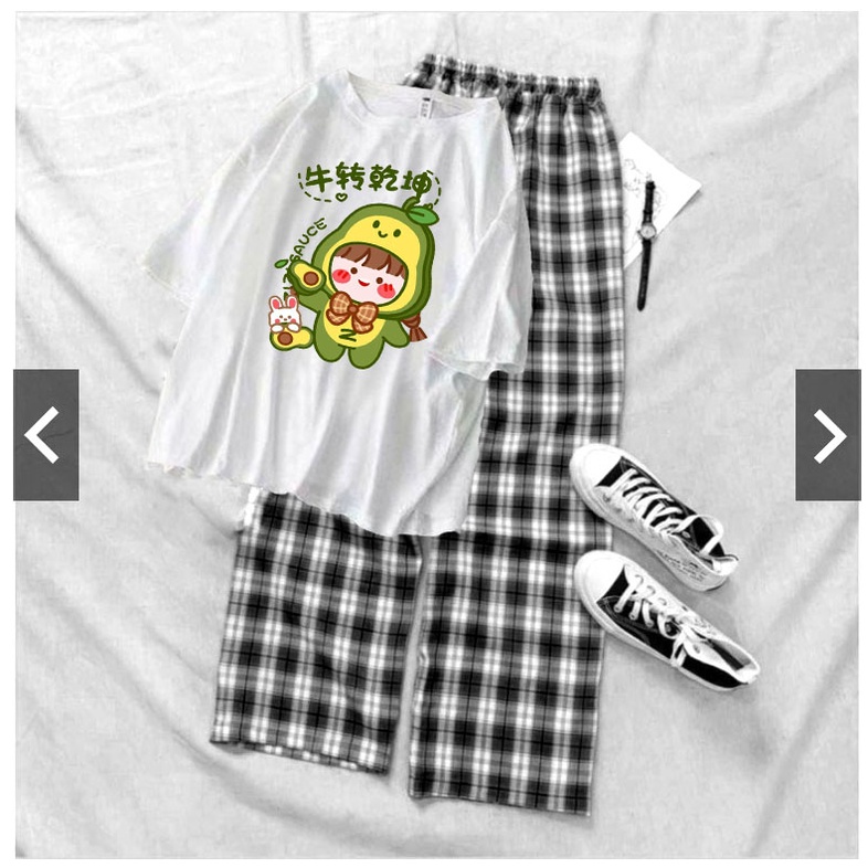 Sét bộ bé gái áo thun bé bơ kèm quần kẻ siêu xinh size từ 9 đến 57kg