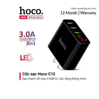 Củ sạc Hoco C15 3 cổng sạc nhanh 3.0A có đèn Led báo sạc thông minh