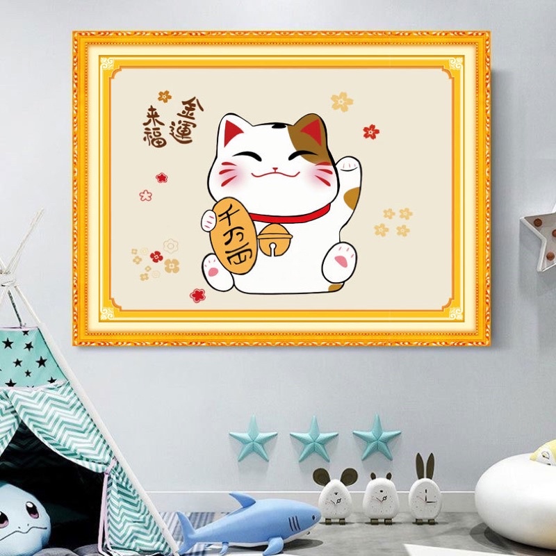Tranh thêu chữ thập Mèo chiêu tài DW0644