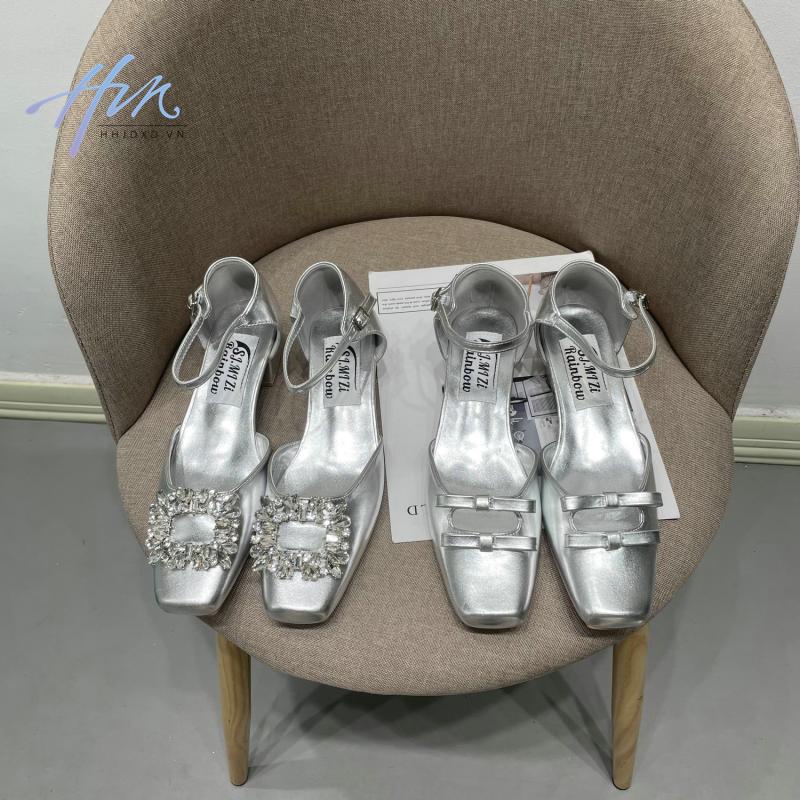 Giày Sandal Cao Gót Mũi Vuông Đính Đá Lấp Lánh Màu Sắc Thời Trang Cho Nữ