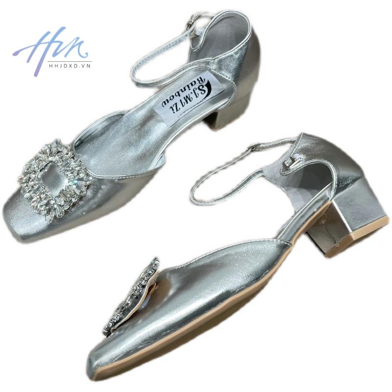 Giày Sandal Cao Gót Mũi Vuông Đính Đá Lấp Lánh Màu Sắc Thời Trang Cho Nữ