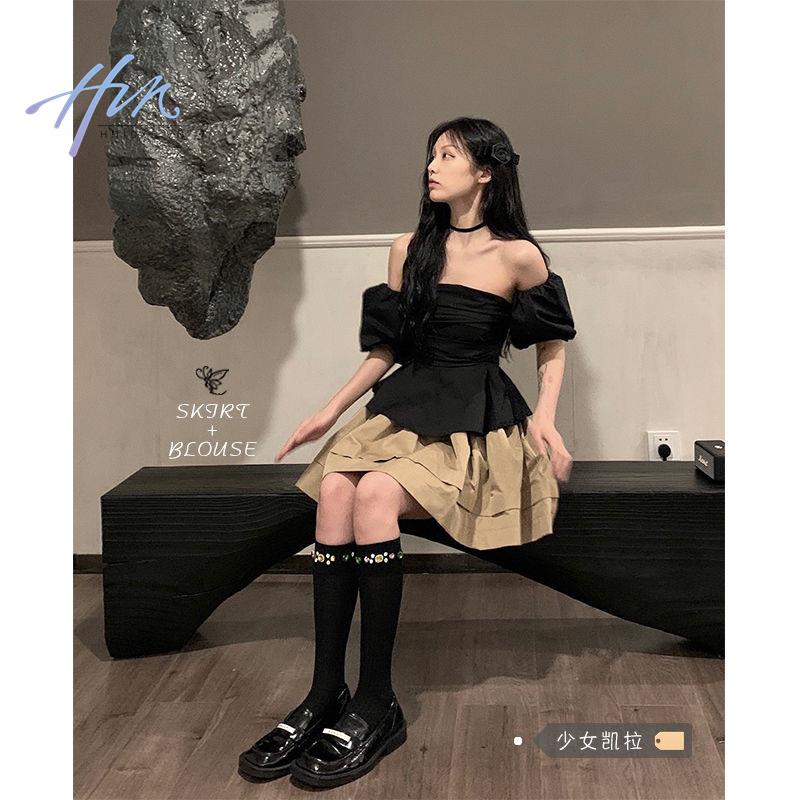 Bộ Áo Trễ Vai + Chân Váy Phồng Phong Cách Pháp Thời Trang Mùa Hè 2023 Cho Nữ