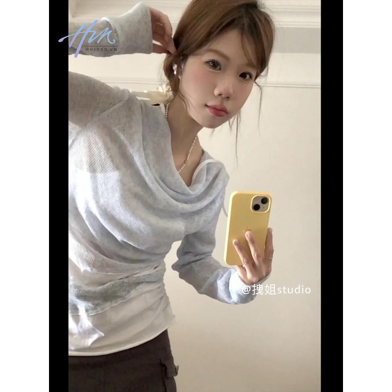 Áo Len Tay Dài Giả Hai Lớp Dáng Ôm Phong Cách Hàn Quốc Thời Trang Mùa Xuân Cho Nữ