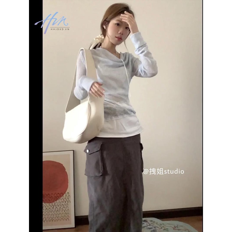 Áo Len Tay Dài Giả Hai Lớp Dáng Ôm Phong Cách Hàn Quốc Thời Trang Mùa Xuân Cho Nữ