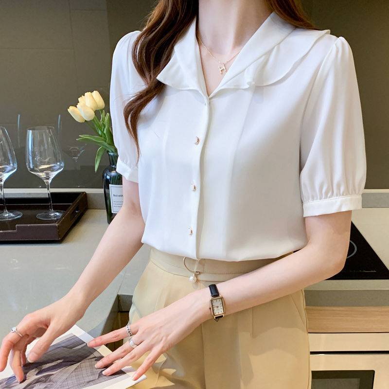 Áo Sơ Mi Vải Lụa Lạnh Tay Lỡ Cổ Lá Sen Thiết Kế Đơn Giản Thời Trang Mùa Hè Cho Nữ