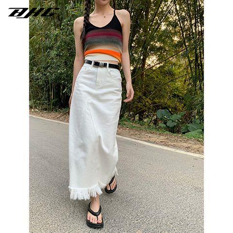 Chân váy vải jean BJHG WAVW lưng cao dáng rộng phối tua rua phong cách hàn quốc thời trang mùa hè cho nữ