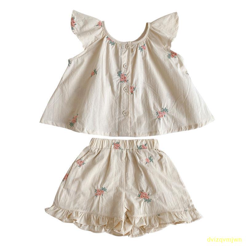 Bộ quần áo bé gái, thêu đầy đủ cho bé gái, tay áo bay cho trẻ em, áo vest và quần đùi, bộ hai mảnh
