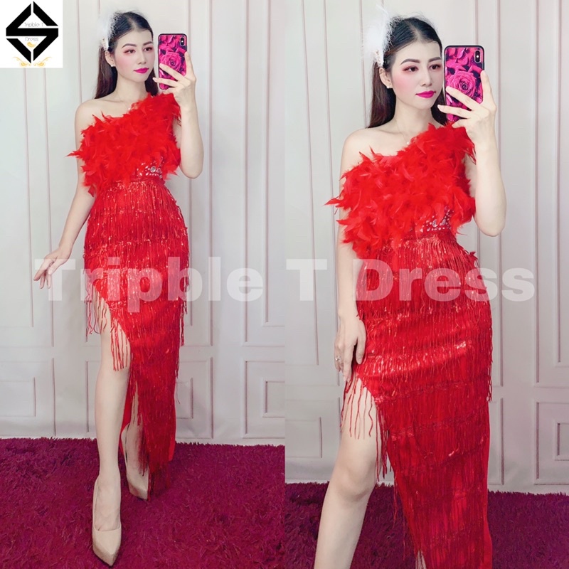Đầm body dự tiệc TRIPBLE T DRESS lệch vai phối lông tua rua kim tuyến - size M/L