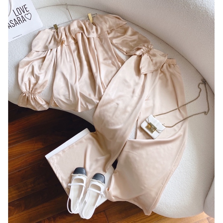 SET ÁO NUDE BẸT BÈO TAY BO + QUẦN SUÔNG😇