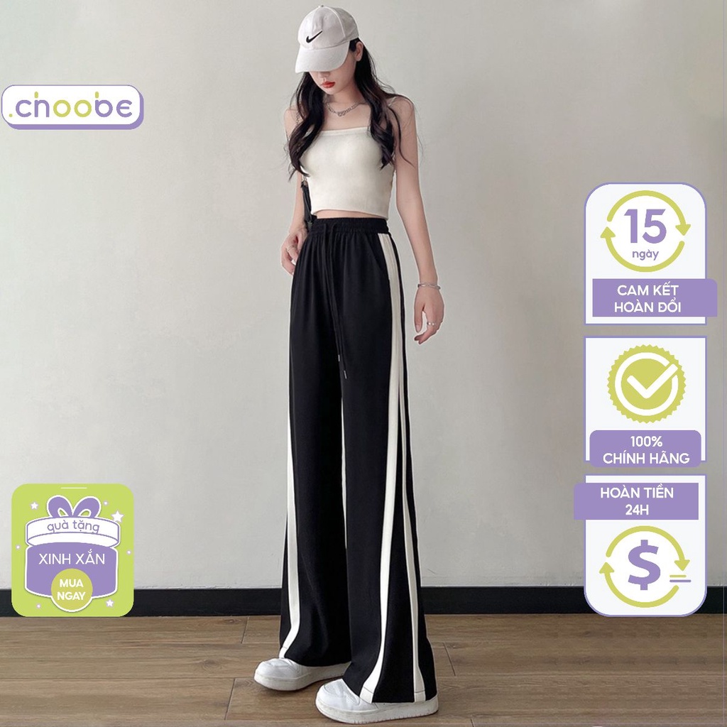 Quần ống rộng Choobe unisex dáng suông phối sọc trắng hai bên vải cao cấp không nhăn co giãn tốt Signature Q66