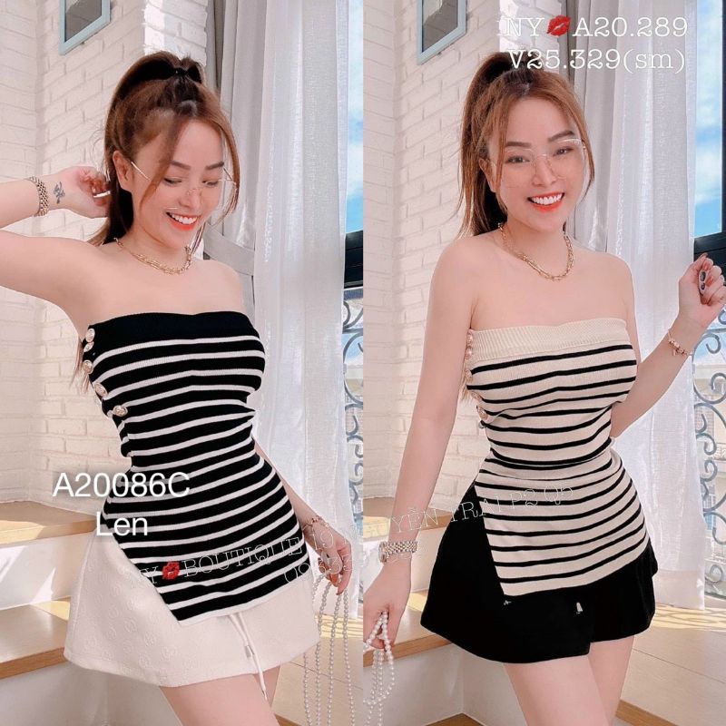 Áo Len quây ống xẻ tà ,áo sọc kẻ ôm body cúp ngực đính khuy một bên chất dệt kim co dãn BEBEDOLL