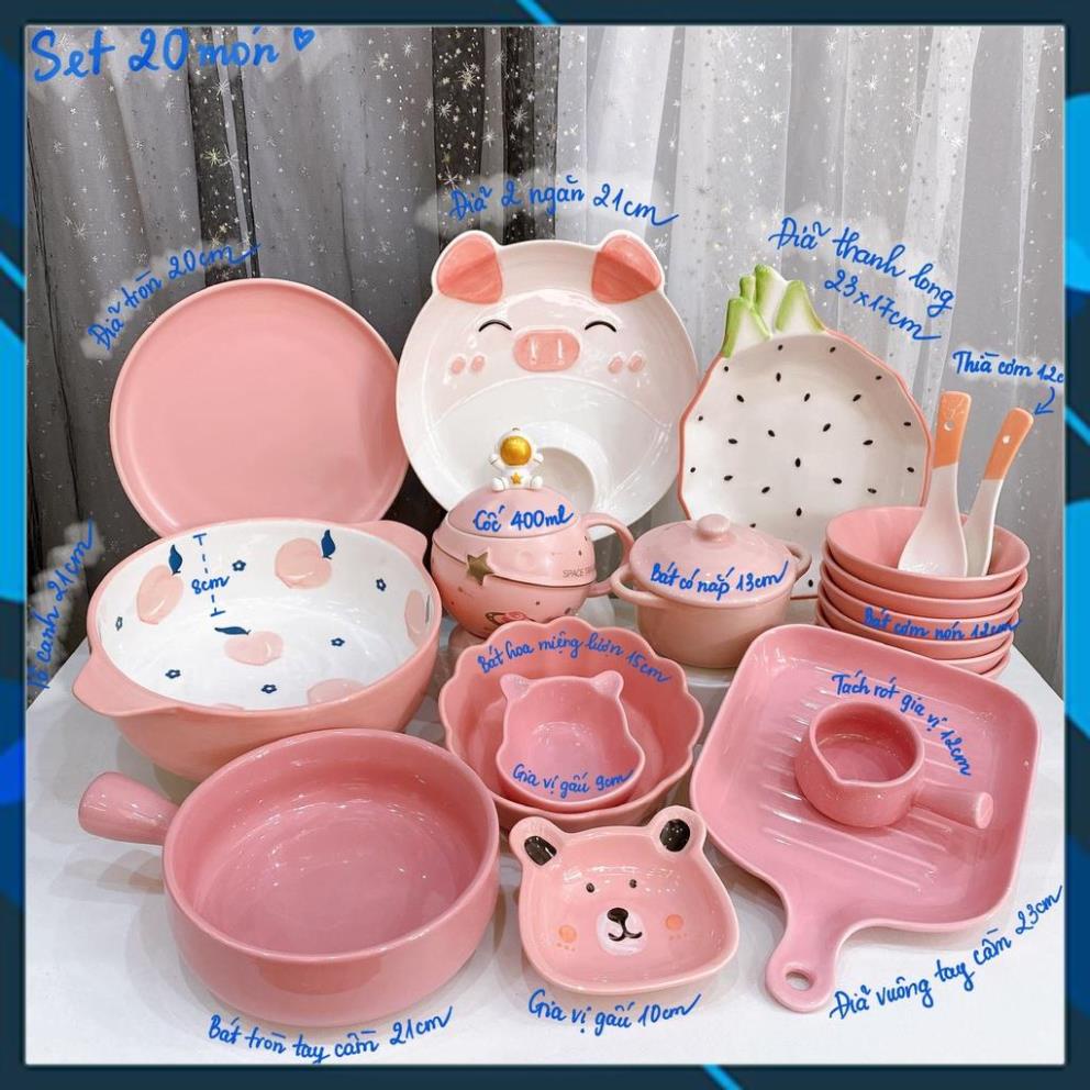Bộ Chén Sứ Bát Ăn Cơm Bộ Bát Đĩa Decor Chén Dĩa Sứ Hồng Dễ Thương sét heo hồng 20 món