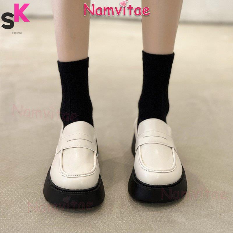 sk【hàng giao ngay】┇Giày lười Namvitae da lộn, gót dày, đầu tròn nhỏ, phong cách vintage, đi đại học đối với phụ nữ