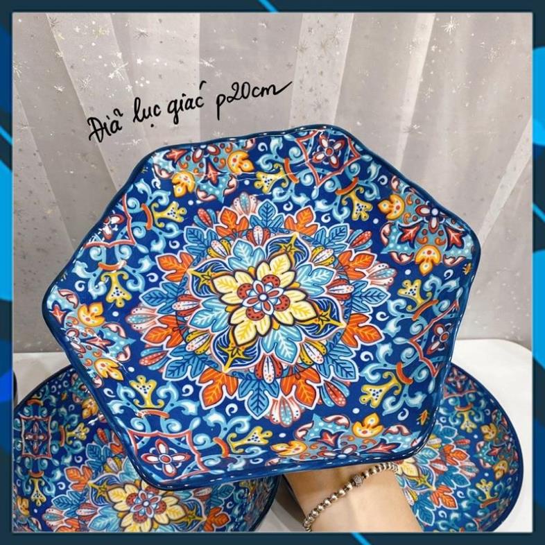 Bát Đĩa Sứ Decor Bát Ăn cơm, Bộ chén dĩa sứ dễ thương cute cao cấp Sét Thổ Cẩm xanh Dương sang chảnh