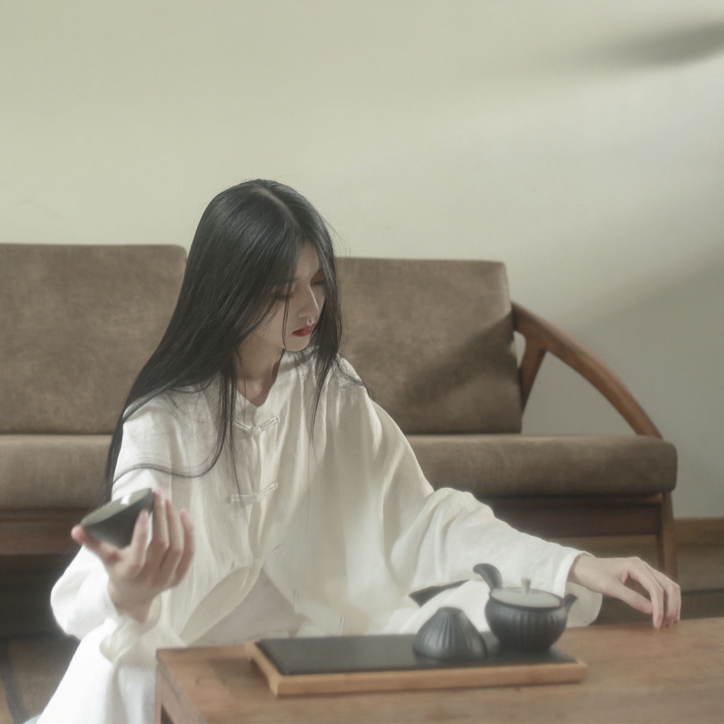 Leehyu Áo Sơ Mi Trắng Dáng Rộng Cài Nút Phong Cách Hanfu Cho Nữ