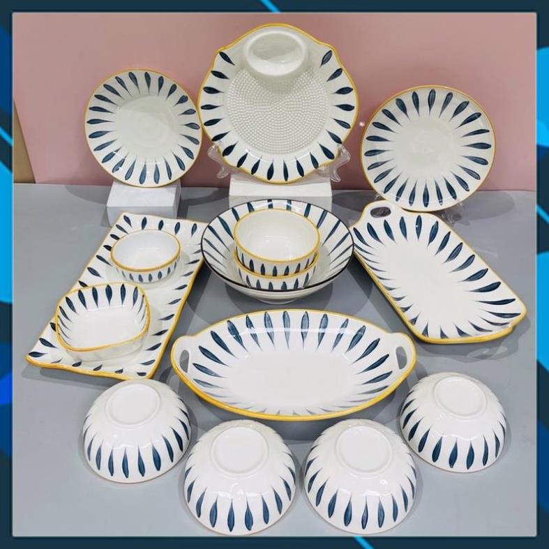 Bộ bát đĩa decor siêu đẹp set bát đĩa nhật hoạ tiết lá liễu 15 món